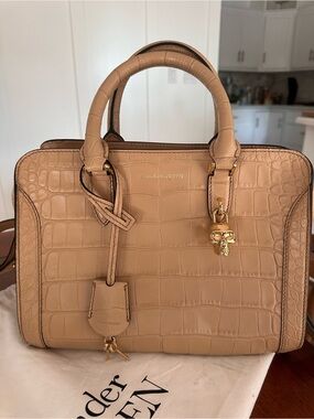 Alexander McQueen Beige Croc-Embossed Leather Satchel with Gold Skull Charm